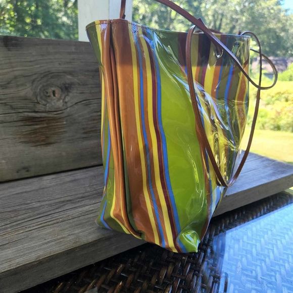 Marshall Fields Bag RARE Striped Vinyl 1970s-80s Colorful Shopping / Beach Bag - Picture 3 of 8
